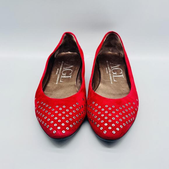 AGL Shoes Women 9 Red Suede Metal Grommets Slip On Ballet Flat Comfort Round Toe - Picture 3 of 11